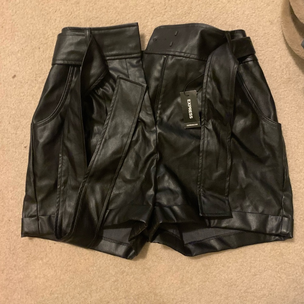 Express High Waisted Belted Tie Front Vegan Leather Shorts NWT